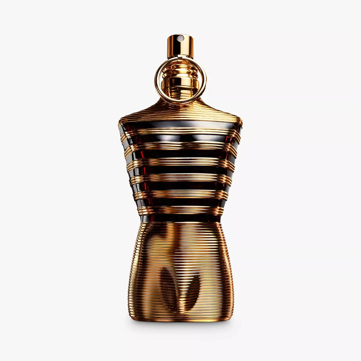 Gold perfume bottle with a white background