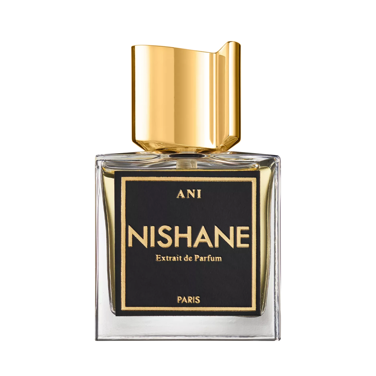 Nishane perfume bottle with gold cap on a white background