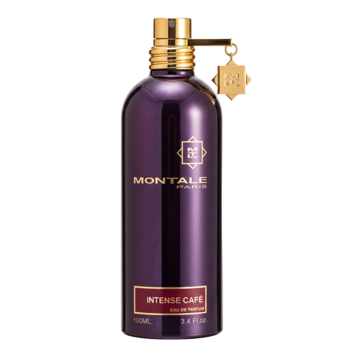 Purple perfume bottle with gold cap and Montale Paris branding on a white background