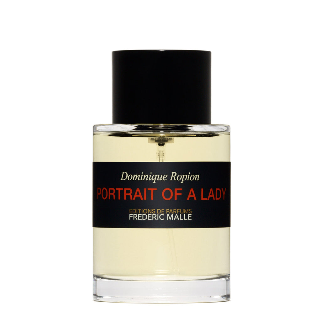 Perfume bottle labeled 'Portrait of a Lady' by Frederic Malle on a white background