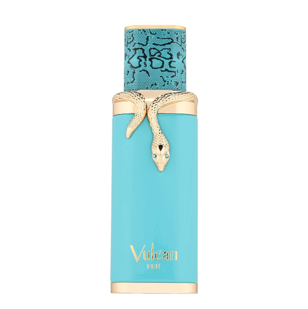 Blue perfume bottle French Avenue Vulcan Feu with gold accents on a white background