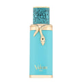 Blue perfume bottle French Avenue Vulcan Feu with gold accents on a white background
