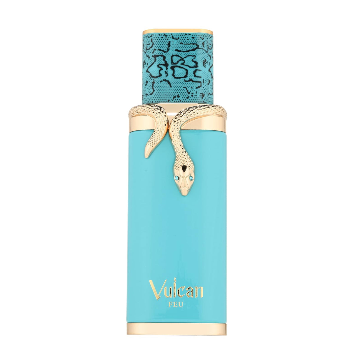 Blue perfume bottle French Avenue Vulcan Feu with gold accents on a white background