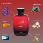 Red perfume bottle labeled 'Hawas' with notes on a red background