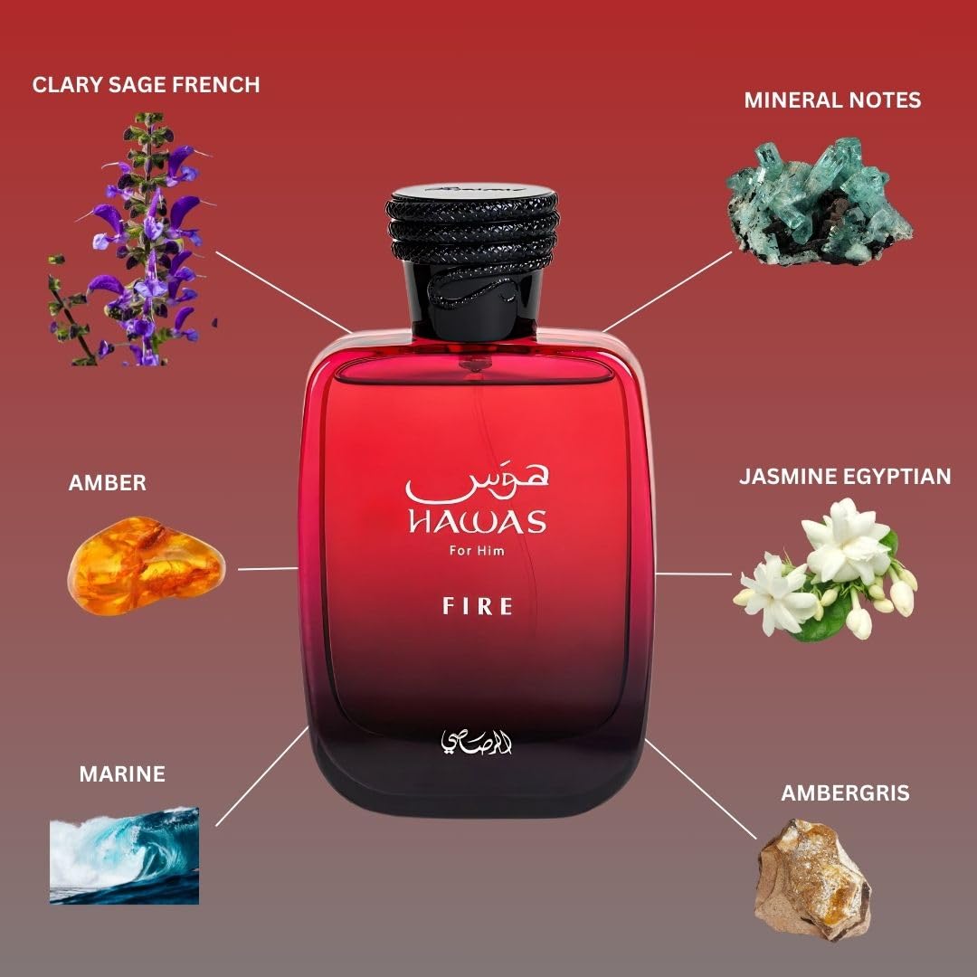 Red perfume bottle labeled 'Hawas' with notes on a red background