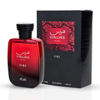 Red and black Hawas Fire perfume bottle and packaging on a white background