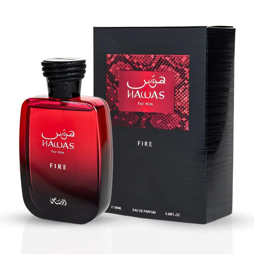 Red and black Hawas Fire perfume bottle and packaging on a white background