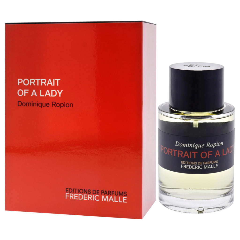 Perfume bottle and packaging of 'Portrait of a Lady' by Frederic Malle on a white background