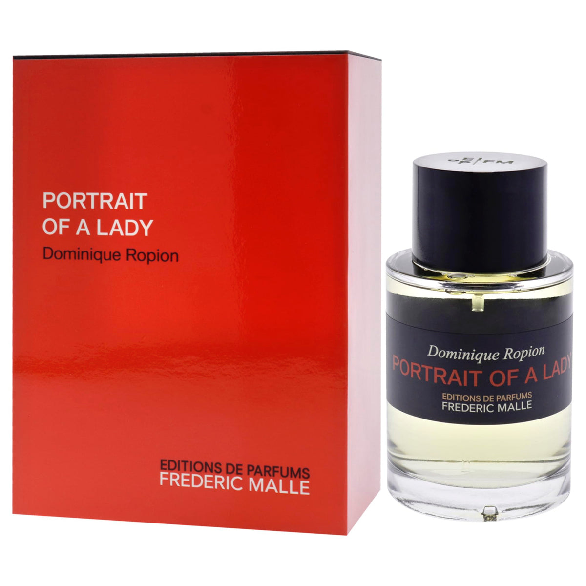 Perfume bottle and packaging of 'Portrait of a Lady' by Frederic Malle on a white background