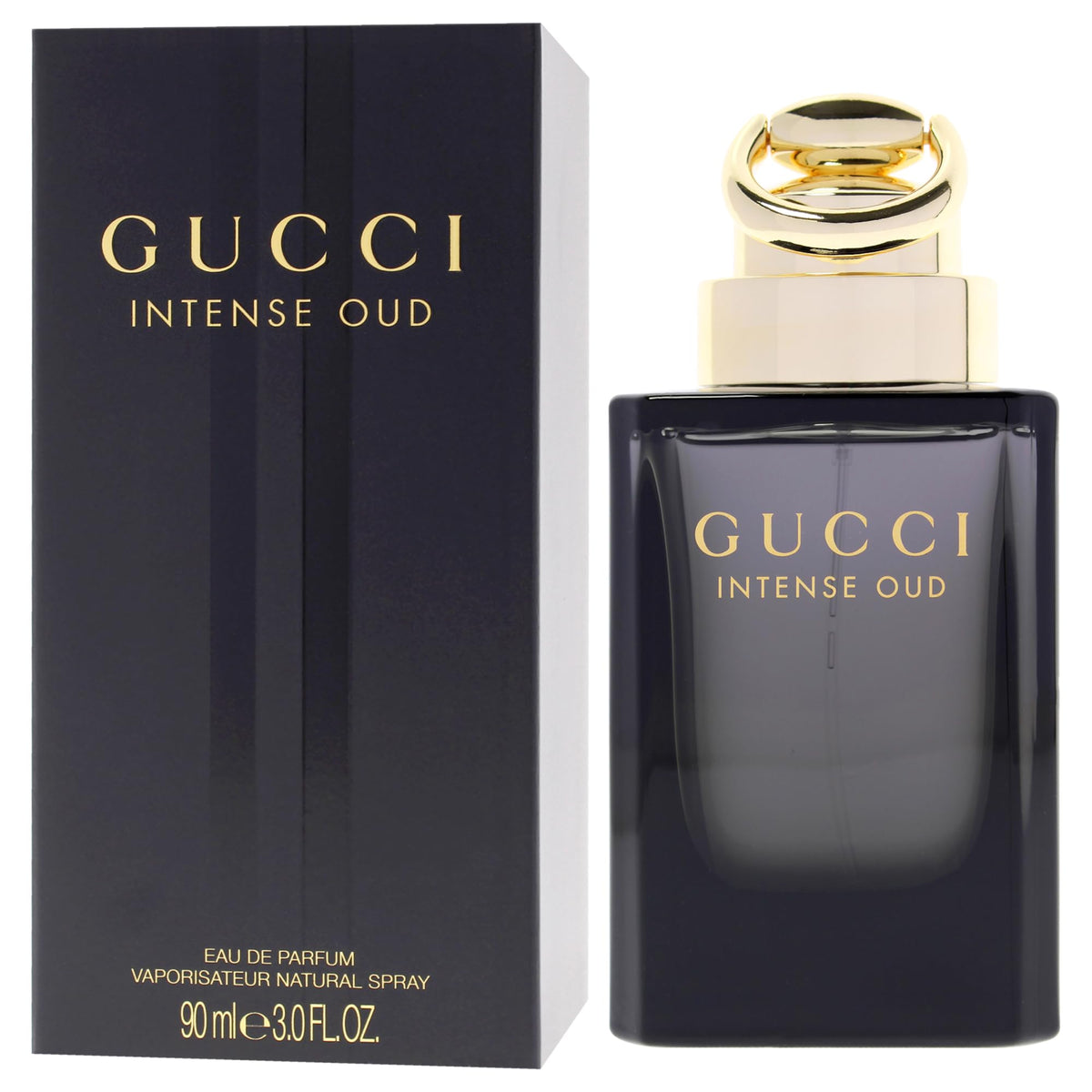 Gucci Intense Oud perfume bottle and packaging on a white background