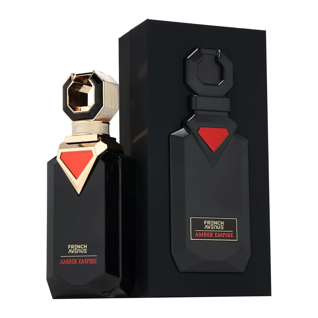 Black perfume French Avenue Amber Empire bottle with gold and red accents on a white background