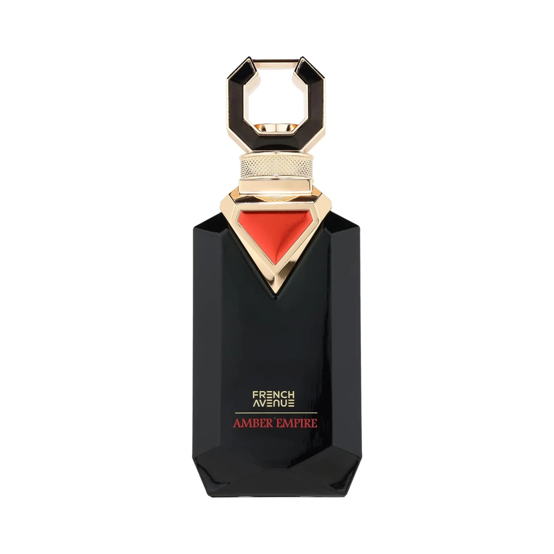 Black perfume French Avenue Amber Empire bottle with gold and red accents on a white background