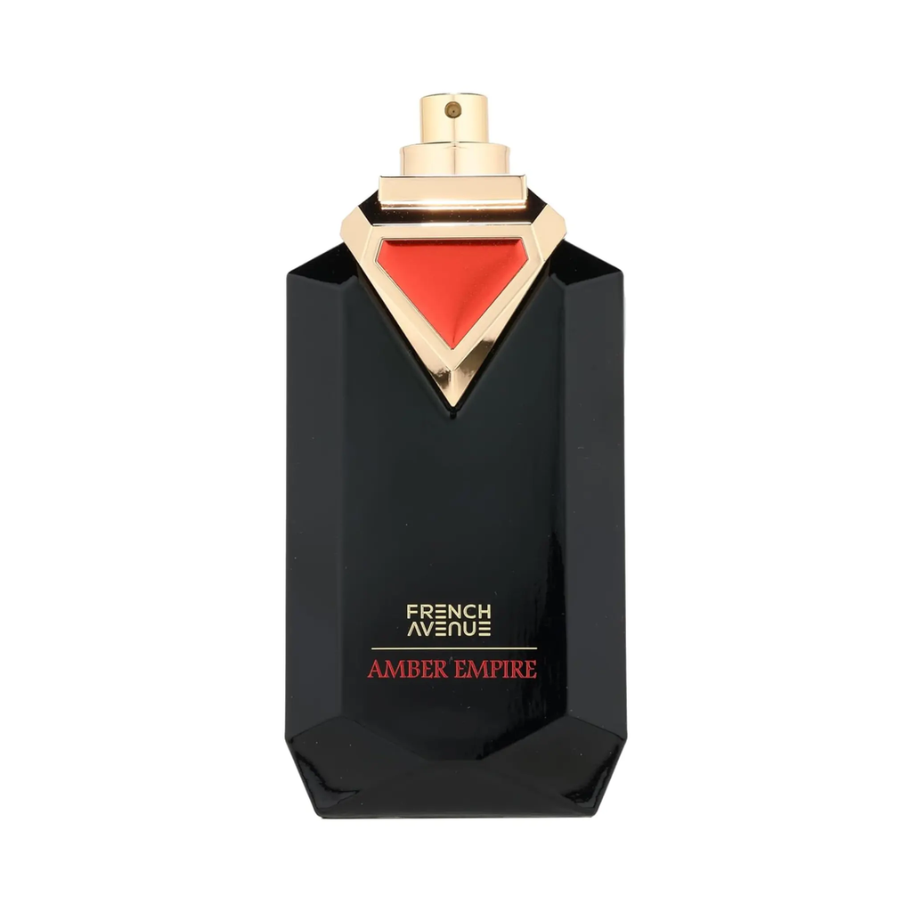 Black perfume French Avenue Amber Empire bottle with gold and red accents on a white background