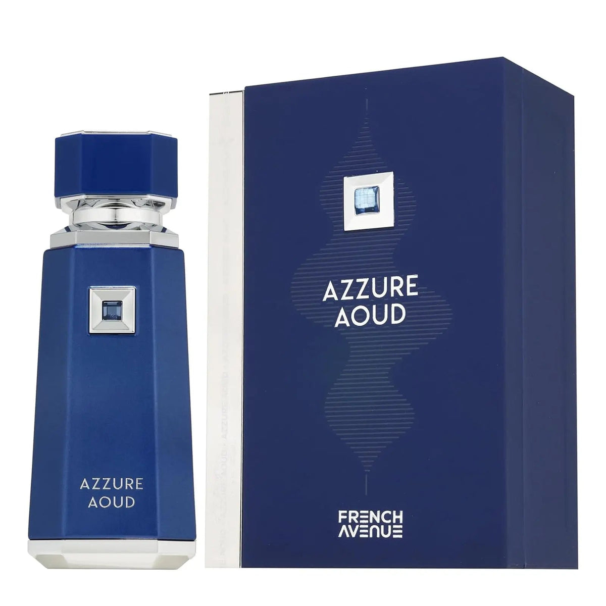 Blue Azzure Aoud perfume bottle and packaging on a white background