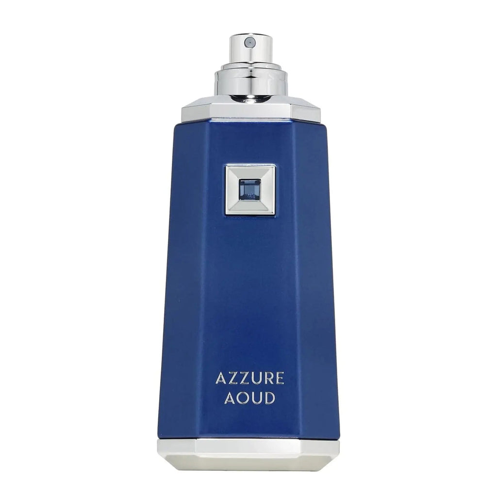 Blue perfume bottle labeled 'Azzure Aoud' on a white background