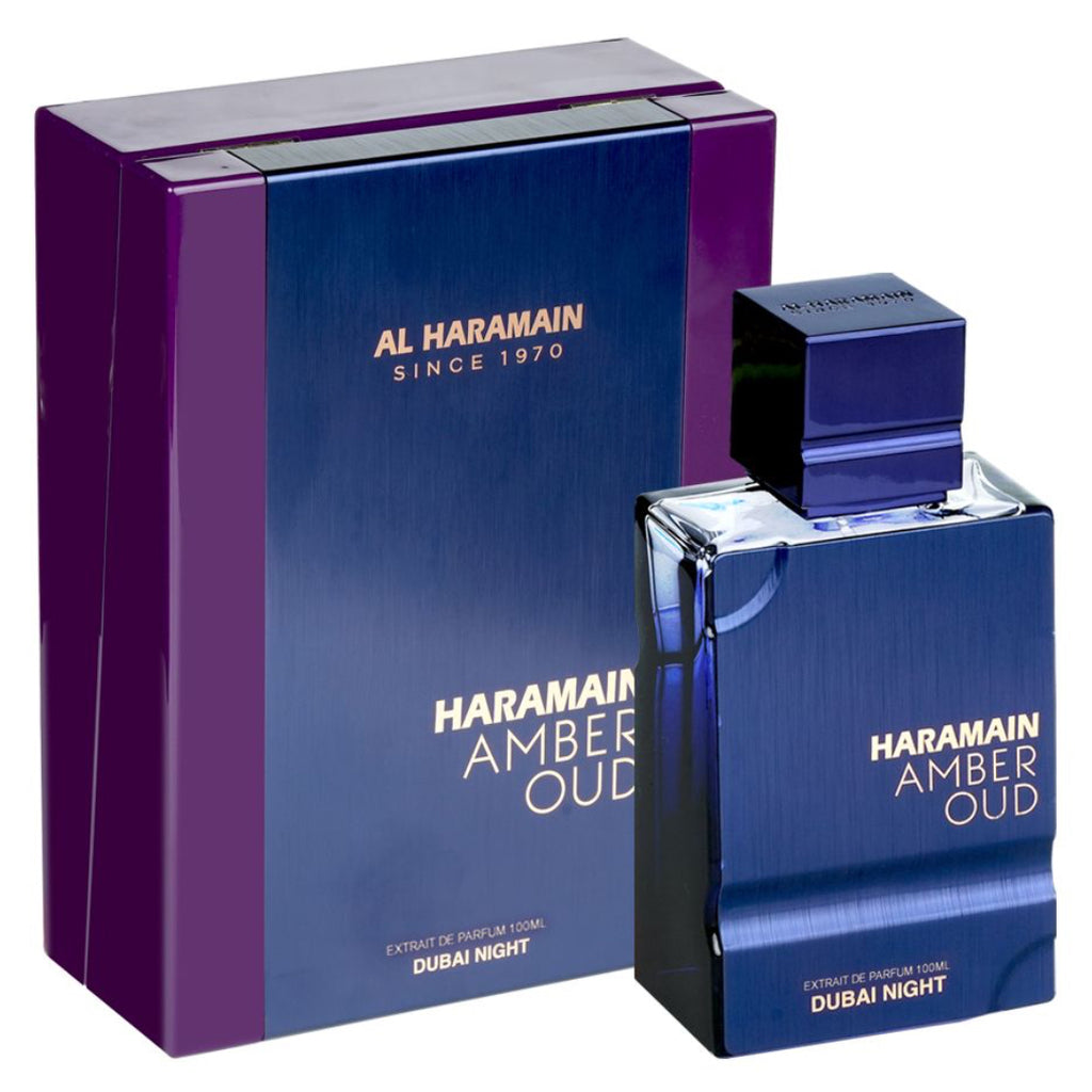 Haramain Amber Oud perfume bottle and packaging on a white background