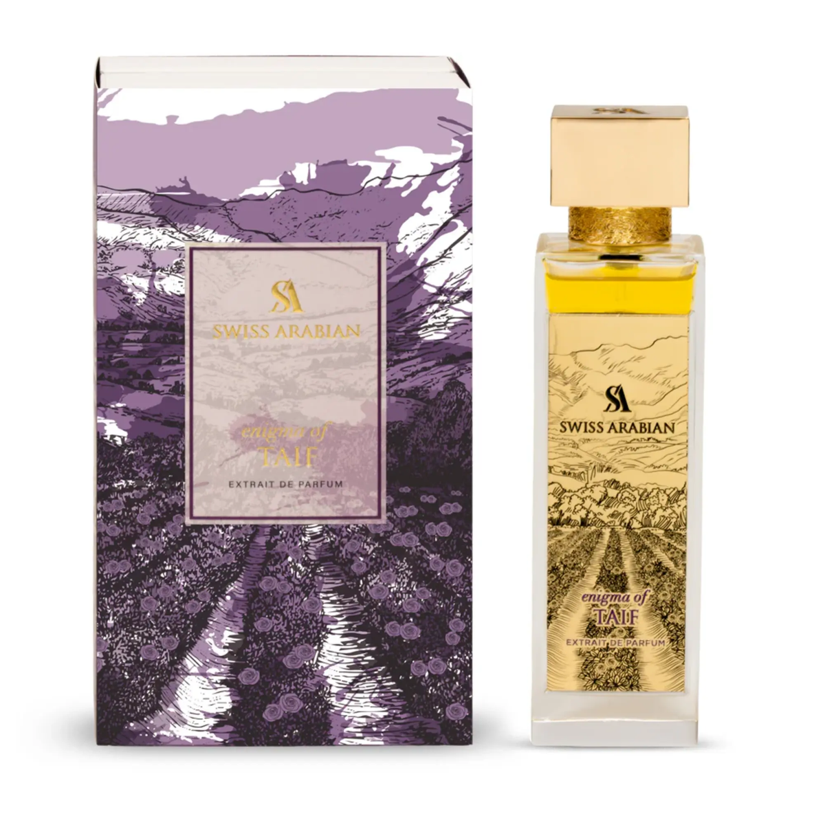 Swiss Arabian Enigma of Taif  perfume bottle and packaging on a white background