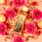 Swiss Arabian Enigma of Taif perfume bottle surrounded by pink roses on a pink background