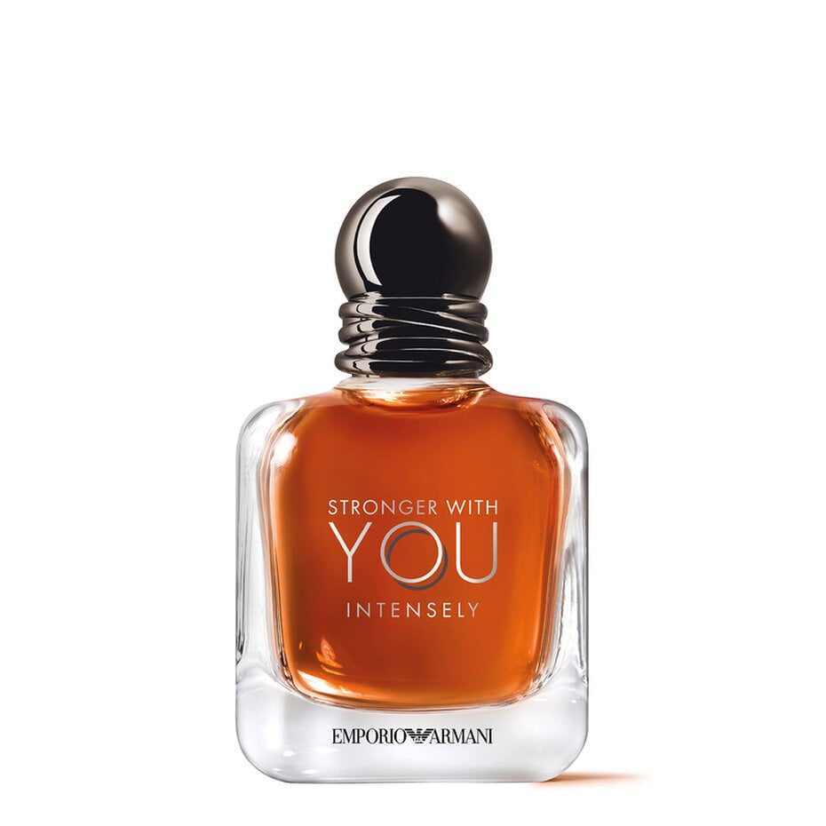 Perfume bottle with 'Stronger with You Intensely' text on a white background