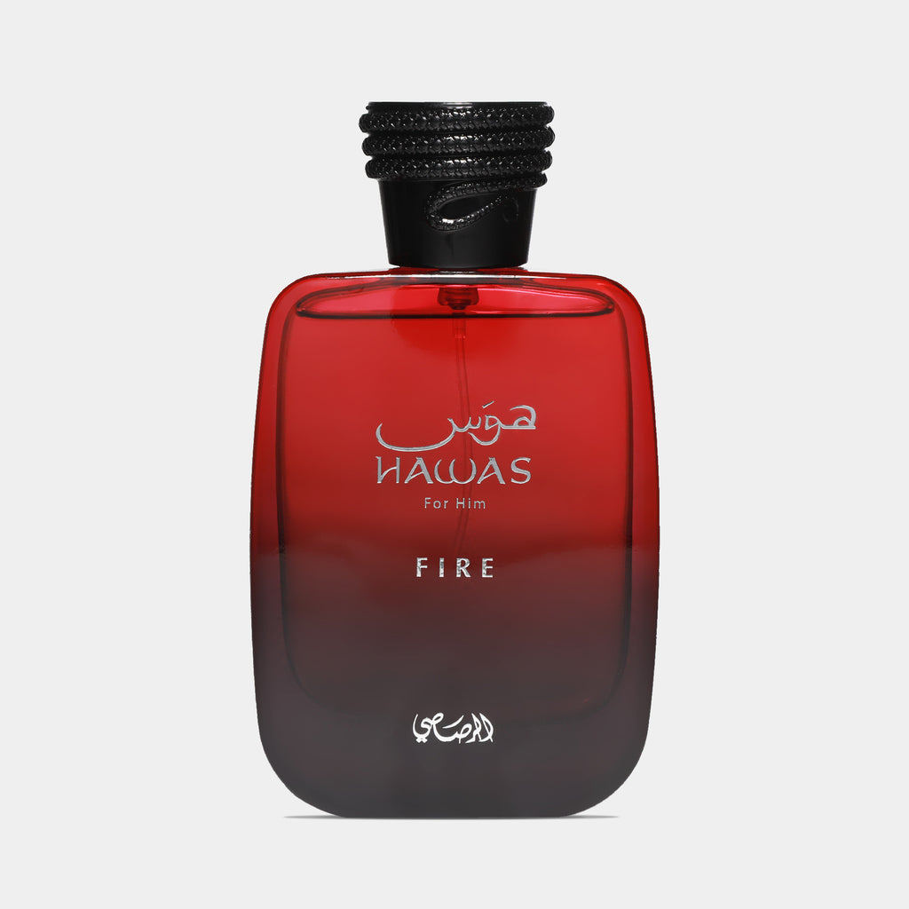 Red and black perfume bottle with 'Hawas' branding on a white background