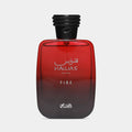 Red and black perfume bottle with 'Hawas' branding on a white background