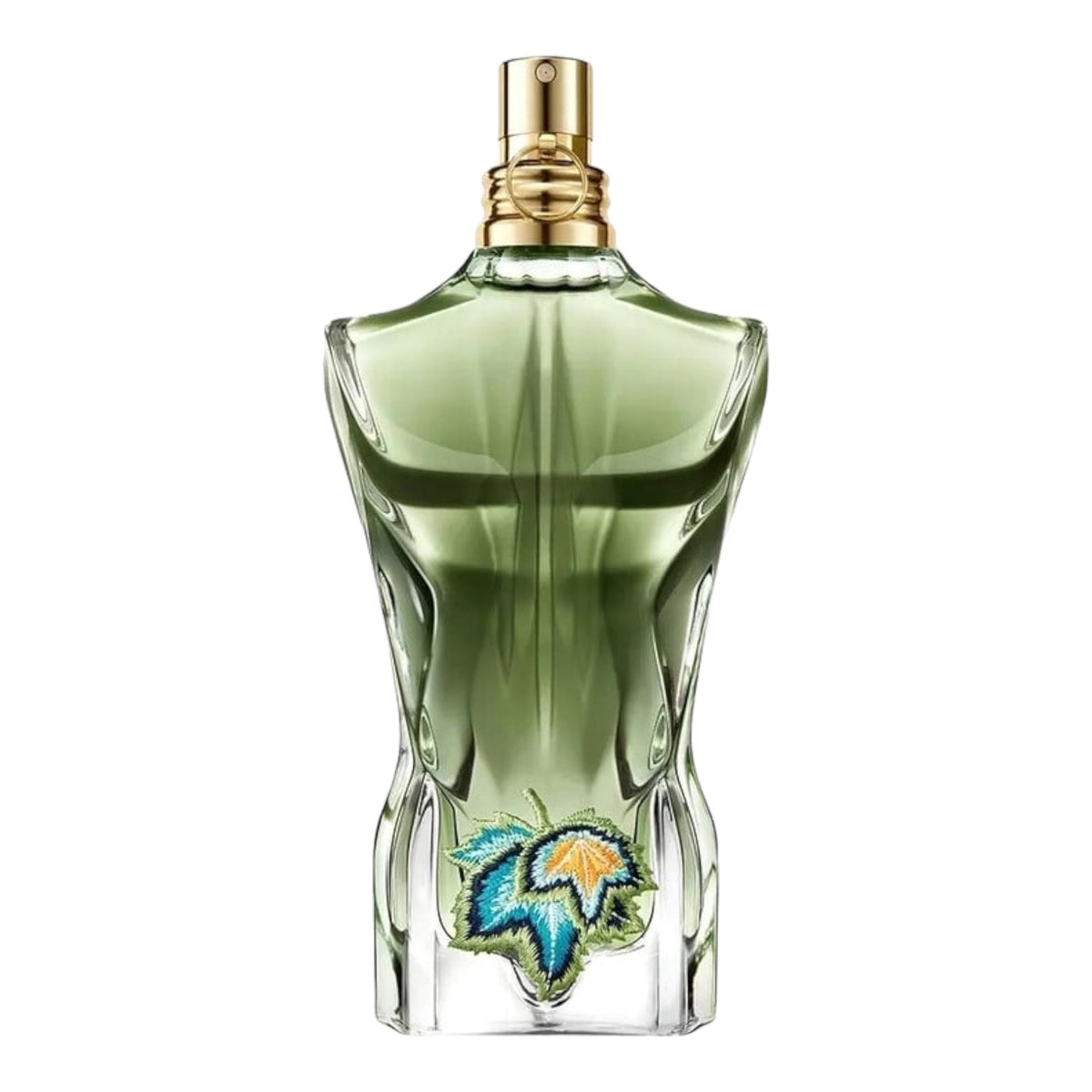 Green perfume bottle with decorative elements on a white background