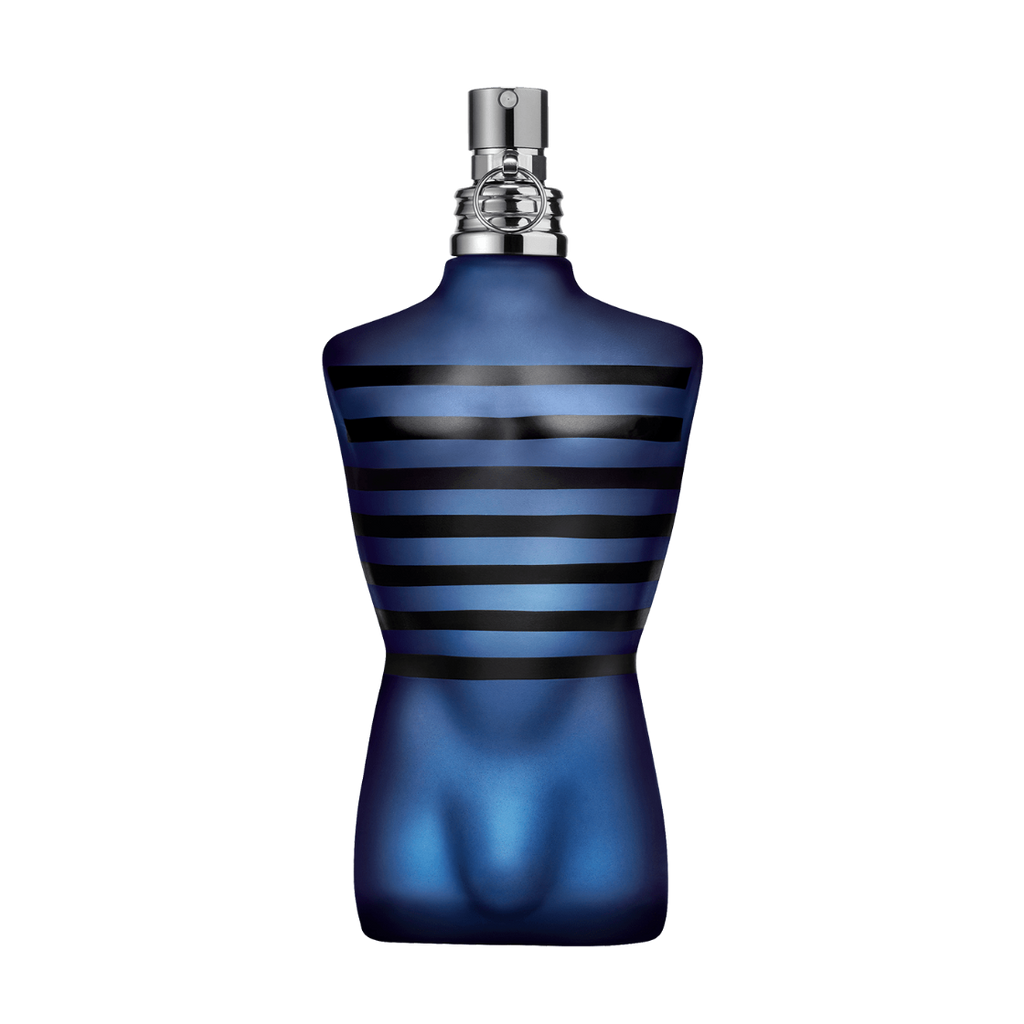 Blue striped perfume bottle Jean Paul Gaultier Ultra Male with silver cap on a transparent background