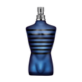 Blue striped perfume bottle Jean Paul Gaultier Ultra Male with silver cap on a transparent background