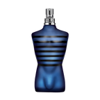 Blue striped perfume bottle Jean Paul Gaultier Ultra Male with silver cap on a transparent background