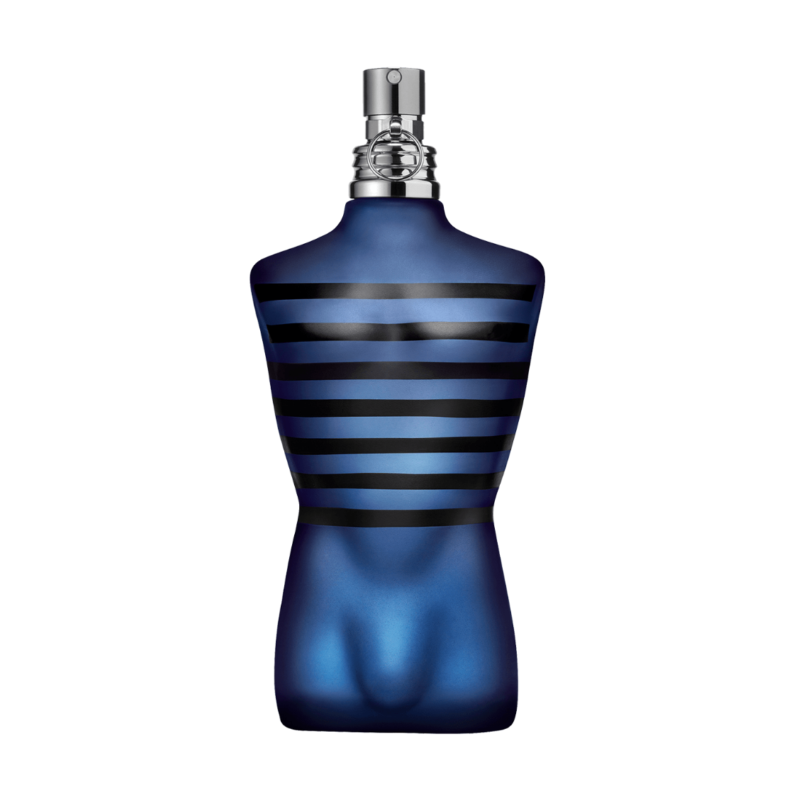 Blue striped perfume bottle Jean Paul Gaultier Ultra Male with silver cap on a transparent background