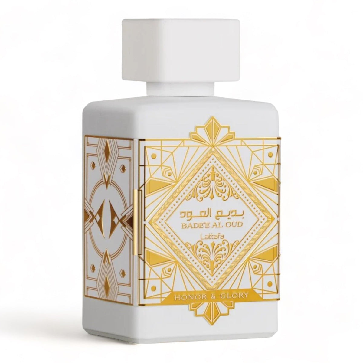 Perfume bottle Lattafa Bade’e Al Oud Honour & Glory with gold geometric design on a white background