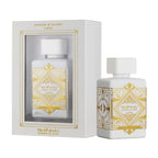Perfume bottle Lattafa Bade’e Al Oud Honour & Glory with decorative gold patterns on a white background