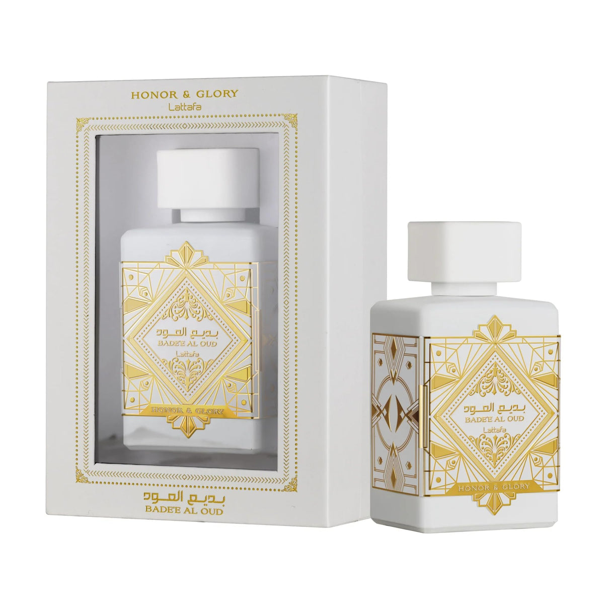 Perfume bottle Lattafa Bade’e Al Oud Honour & Glory with decorative gold patterns on a white background