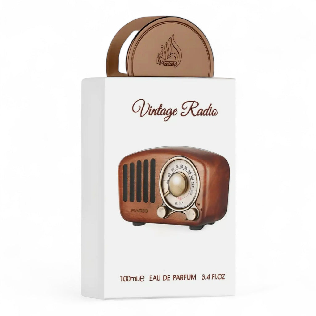 Parfum packaging with vintage radio design on a white background