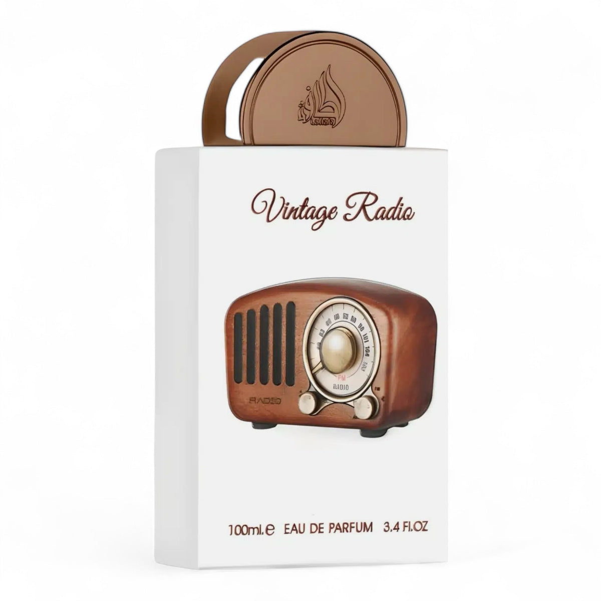 Parfum packaging with vintage radio design on a white background