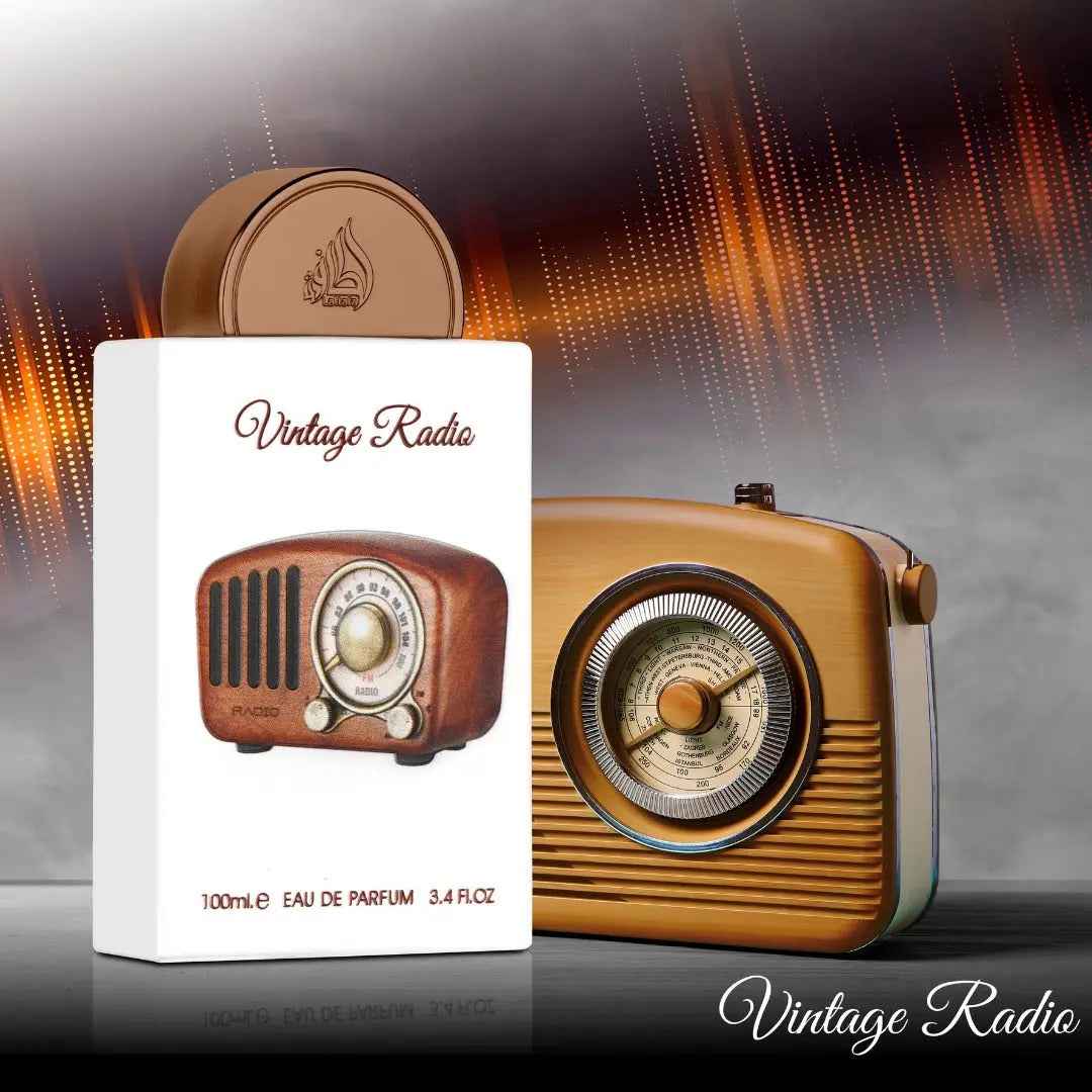 Vintage radio-themed Lattafa Vintage Radio perfume packaging with a radio model in the background