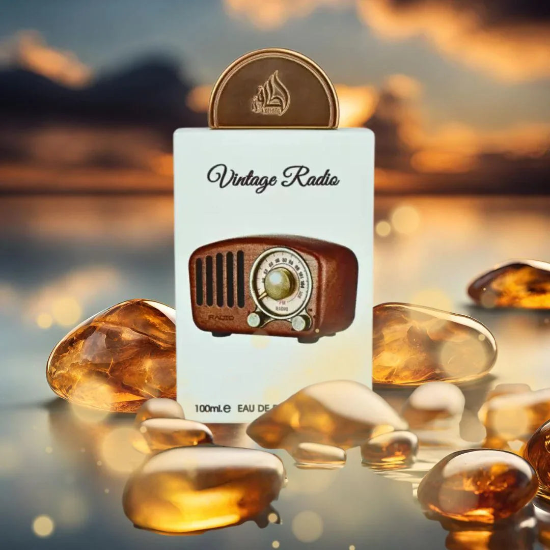 Vintage Radio Lattafa Vintage Radio perfume bottle packaging with a sunset and water background