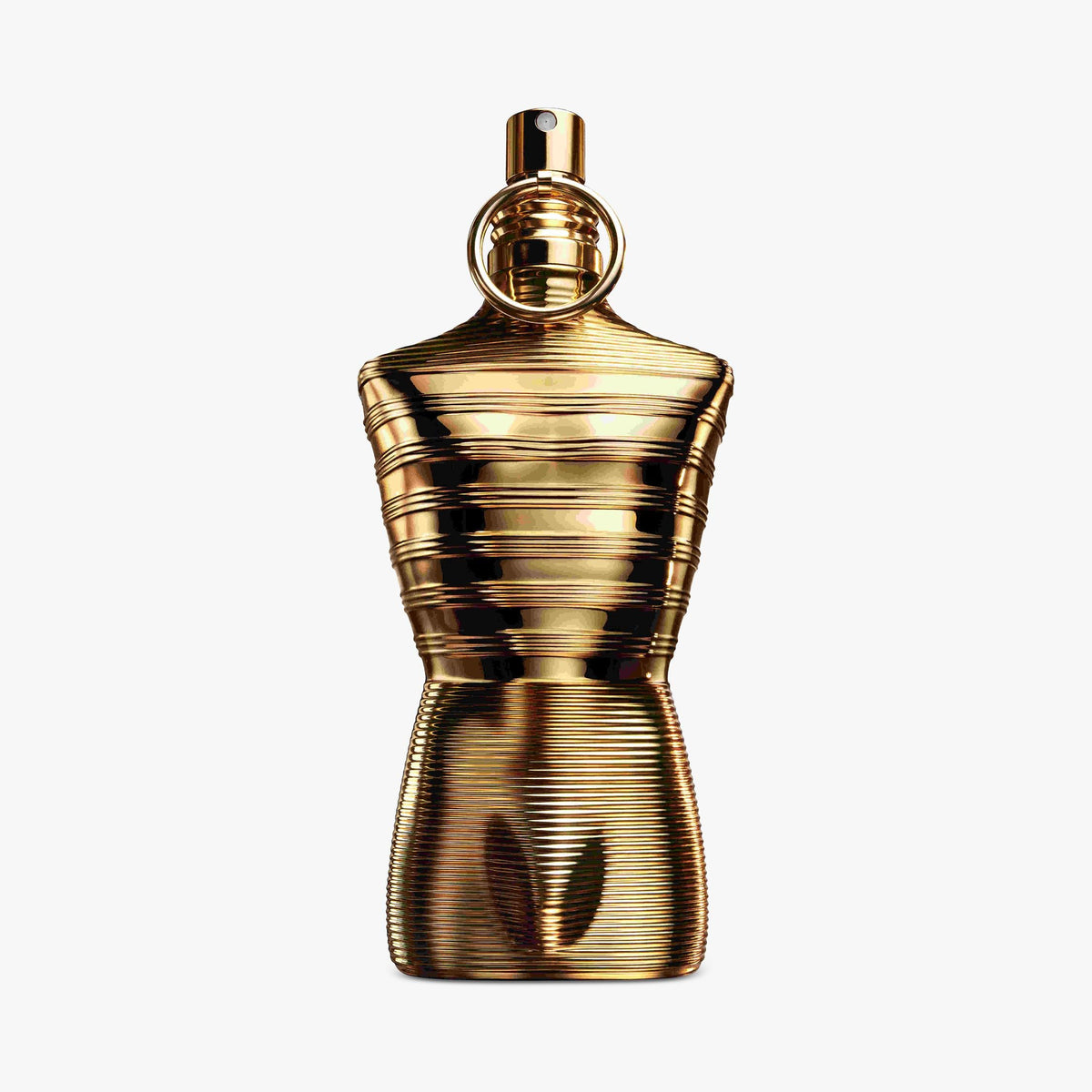 Gold perfume bottle Jean Paul Gaultier Le Male Elixir Absolu on a white background