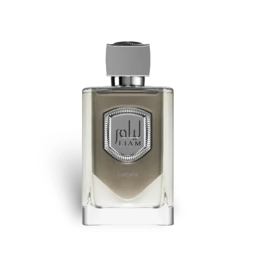 Perfume bottle with 'Liam' branding on a white background