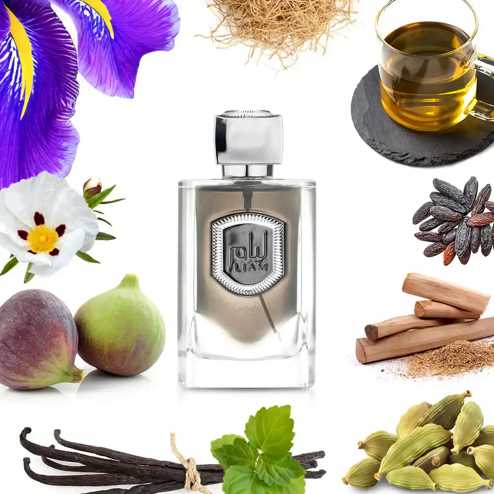 Collage of a perfume bottle, flowers, and spices on a white background