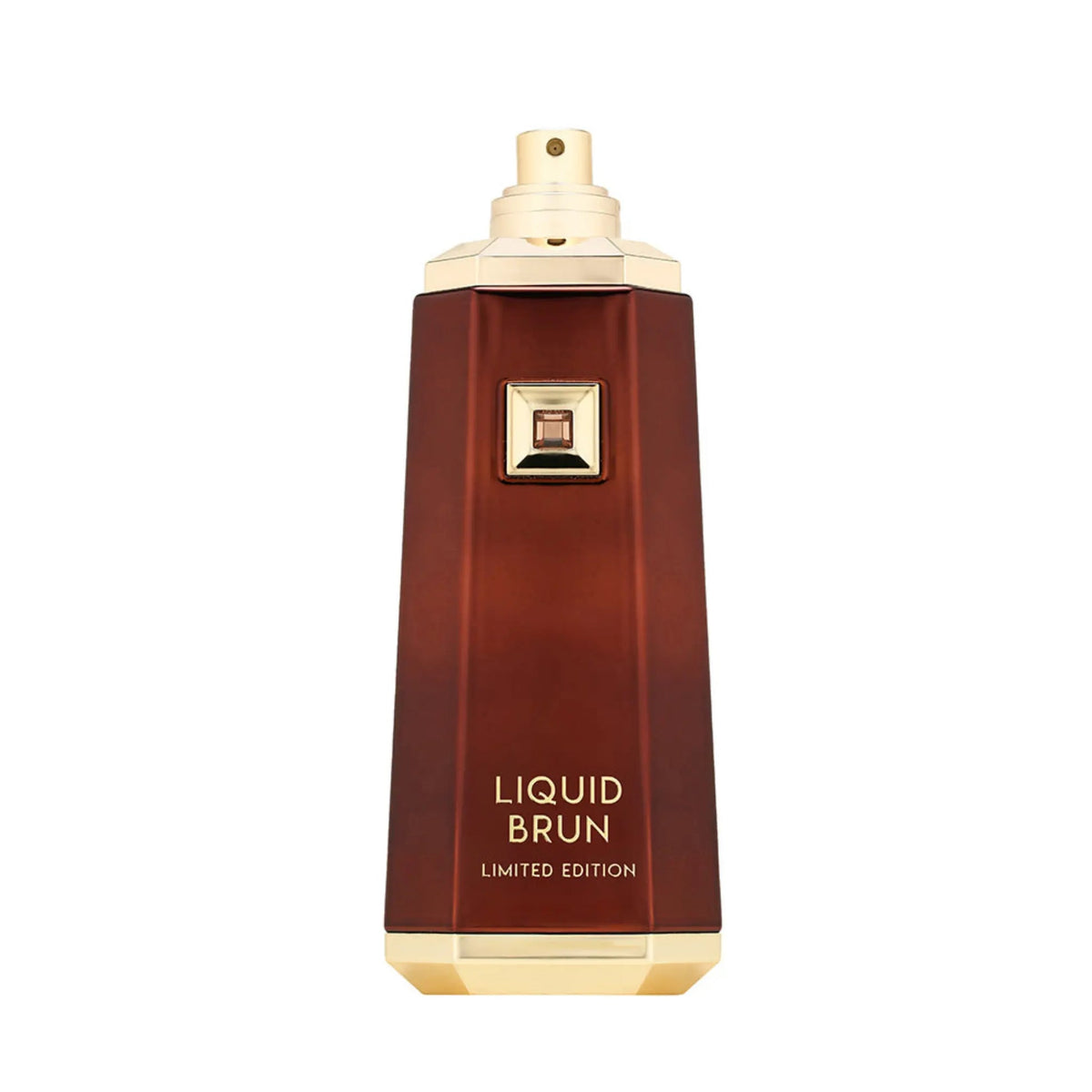 Brown and gold perfume bottle labeled 'Liquid Brun' on a white background