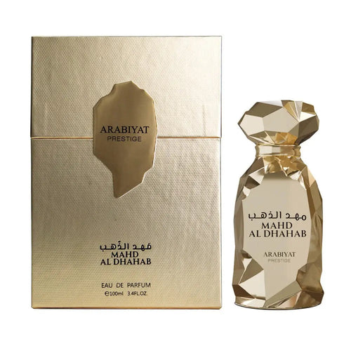 Mahd Al Dhahab Gold ARABIYAT Prestige perfume bottle and packaging on a white background