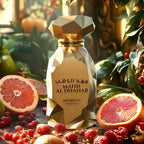 Gold perfume bottle labeled 'MAHD AL DHAHAB' surrounded by fruits and plants