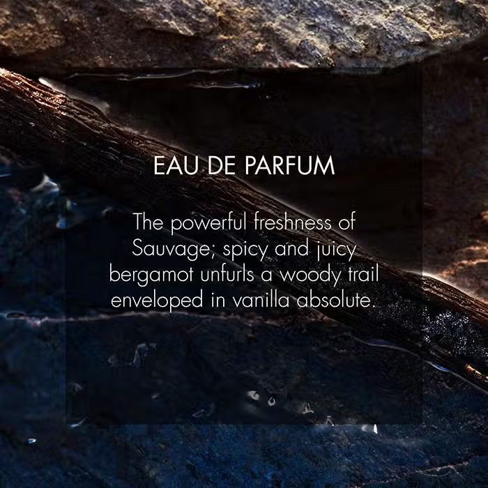 Text describing a perfume with a dark background and stone texture