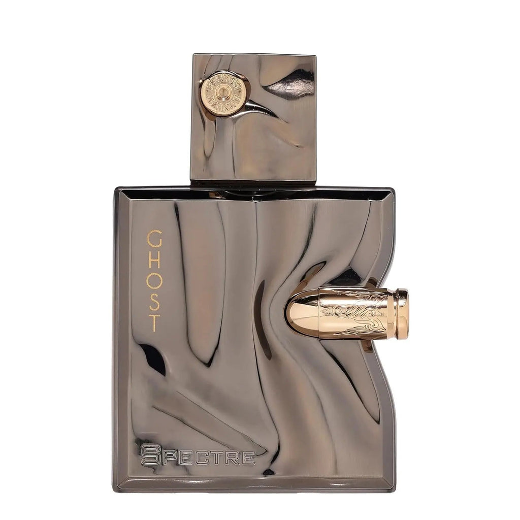 Ghost Spectre perfume bottle with gold accents on a white background