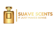 A digital graphic featuring a gold perfume bottle on the left and the text 'SUAVE SCENTS' with the tagline 'IT JUST MAKES SENSE' on the right, all on a solid white background.
