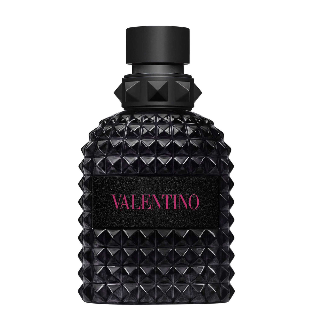 Black perfume bottle with diamond pattern and 'Valentino' branding on a white background