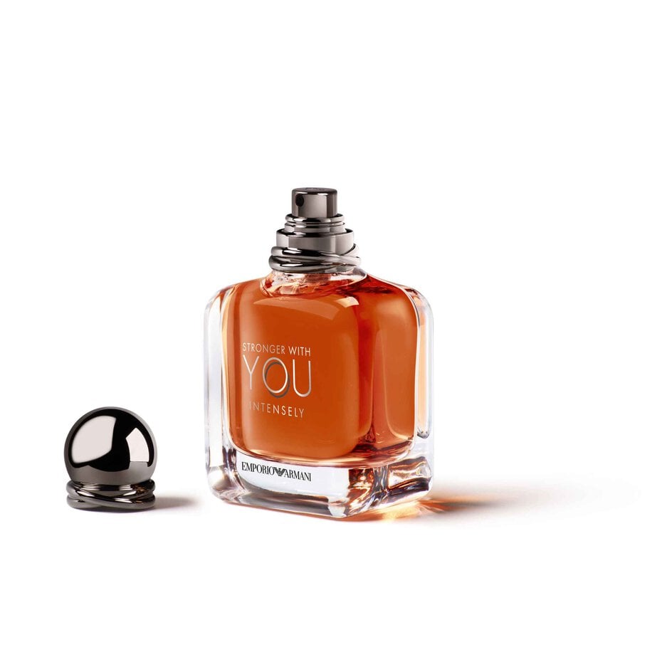 Perfume bottle labeled 'Stronger with You' by Emporio Armani on a white background
