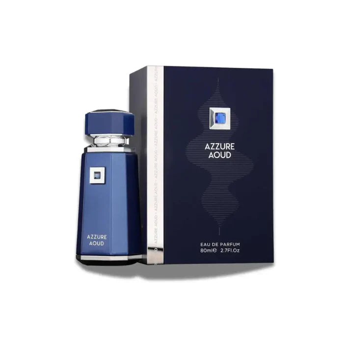 Blue Azzure Aoud perfume bottle and packaging on a white background