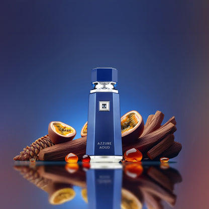 Blue Azzure Aoud perfume bottle with passion fruit and spices on a reflective surface